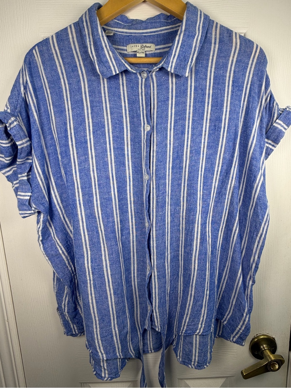 Jachs Girlfriend Blue White Striped Linen Blend Shirt Women's XL Tie Hem Coastal